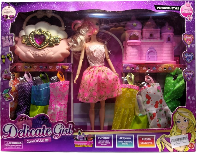 Doll with Clothes, Bag and Accessories (Pink)